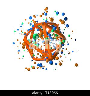 Illustration 3D réaliste de vol primitives. Formes sphériques en mouvement isolé sur fond blanc structure moléculaire unication câblé polygonale Banque D'Images
