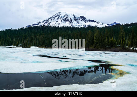 Mt enneigés. Rainier paysage pittoresque au lacs de réflexion sur un jour d'hiver en juin, Mount Rainier National Park, Washington, États-Unis. Banque D'Images