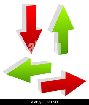 Vert et Rouge 3d flèches pointant vers des directions différentes. Haut, bas, gauche ou droite vector illustration Banque D'Images