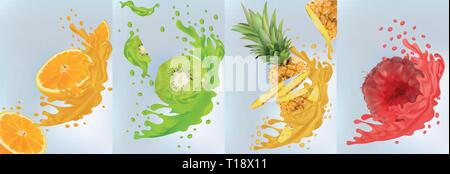 Jus de fruits, ananas, kiwi, orange, framboise. Les fruits frais. Close up Fruit splashes. Vector illustration. Illustration de Vecteur