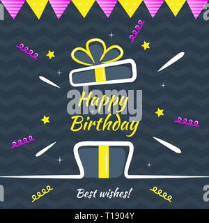 Happy Birthday Greeting card vector design. Boîte-cadeau avec un arc, confettis, drapeaux décoratifs sur fond sombre. Modèle de conception pour anniversaire congratulat Illustration de Vecteur