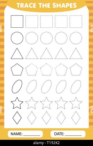 L'apprentissage pour les enfants, les tâches de dessin. trace les formes géométriques autour du contour. Illustration de Vecteur