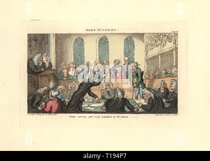 Être nerveux et contre-interrogé par M. Garrow, avocat à la cour. Plus de misères. Coloriée à la gravure sur cuivre conçu et gravé par Thomas ROWLANDSON pour accompagner le révérend James Beresford's misères de la vie humaine, Ackermann, 1808. Banque D'Images