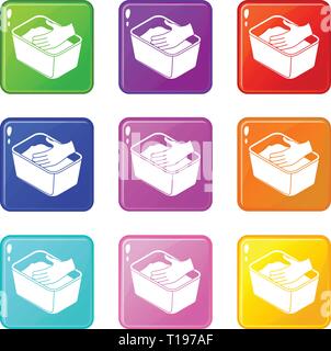 Laver le linge à la main icons set 9 couleurs Illustration de Vecteur