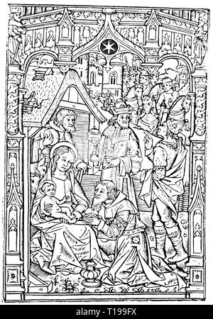 La religion, le christianisme, trois rois, 'Adoration des Mages', metalcut, de : Simon Vostre, 'Horae ad usum Romanum", imprimer : Philippe Pigouchet, Paris, 1498, Additional-Rights Clearance-Info-Not-Available- Banque D'Images