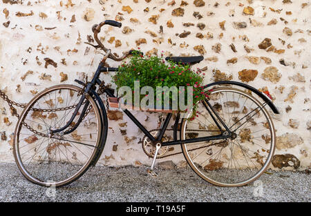 Vieux vélo noir, stationné à la paroi naturelle, avec des fleurs violettes suspendu à l'image de la location, de la France. Banque D'Images