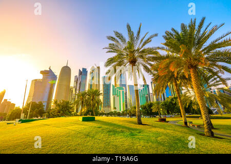 Palmiers dans la baie de l'ouest le long du parc corniche promenade avec haut vitré se lève au coucher du soleil sur l'arrière-plan. Skyline de Doha, Qatar, le Moyen-Orient, l'Arabian Banque D'Images