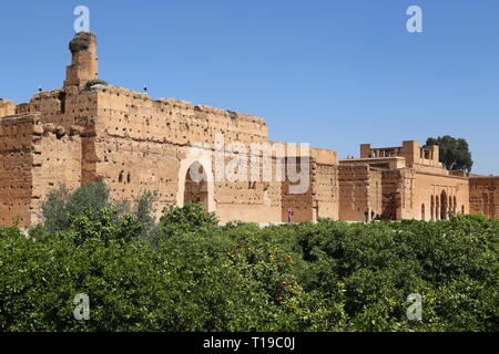 Entrée et terrasse sur le toit, Palais Badi, Place des ferblantiers, Kasbah, Medina, Marrakech, Marrakesh-Safi région, le Maroc, l'Afrique du Nord Banque D'Images