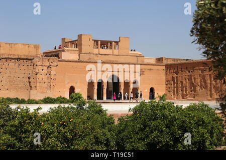 Terrasse sur le toit, Palais Badi, Place des ferblantiers, Kasbah, Medina, Marrakech, Marrakesh-Safi région, le Maroc, l'Afrique du Nord Banque D'Images