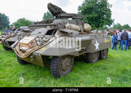 Un véhicule blindé léger M8, partie de la D-Day 70ème anniversaire des événements dans Sainte-Mère-Église, Normandie, France en juin 2014. Banque D'Images