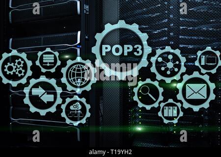 POP3. Post Office Protocol Version 3. Le protocole Internet standard sur fond de datacenter Banque D'Images