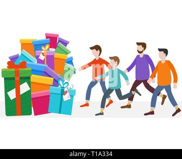 Les hommes se précipiter pour la vente d'un lot de cadeaux. Shopping les hommes. Grosse vente. Vendredi noir. Offre spéciale. Concept design pour la bannière, le matériel promotionnel, l'impression. Illustration de Vecteur