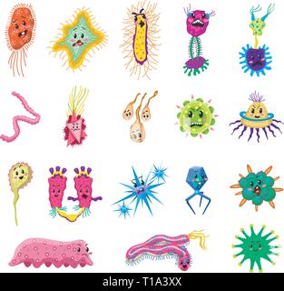 Jeu de caractères des bactéries. Germe et mignon drôle Microbe micro et l'infection par virus. Drôle de mauvaises émotions. Couleur dessin animé Monster, pathogène ou parasite. Illustration de Vecteur