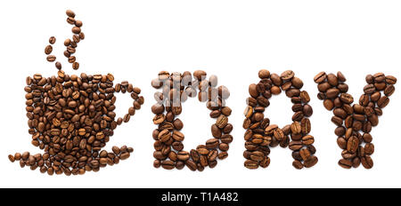 Tasse de café fait de grains de café et de lettrage. Jour café concept créatif. Isolées. Banque D'Images