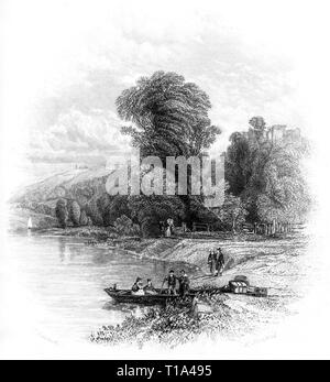 Une gravure de Goodrich Castle et Ferry sur les rives de la rivière Wye, Herefordshire UK numérisées à haute résolution à partir d'un livre publié en 1841. Banque D'Images