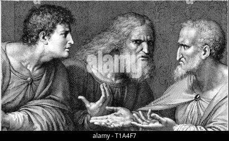 La religion, le christianisme, saint, Matthieu, Judas Thaddée, Simon, adapté de "La Cène" de Léonard de Vinci, gravure sur cuivre, par Raffaello by Pollaiuolo Antonio (1758 - 1833), détail, vers 1800, l'artiste n'a pas d'auteur pour être effacé Banque D'Images