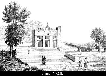 L'Éthiopie, d'Axoum, église, gravure sur acier de : 'Welt-Gemälde-Gallerie oder Geschichte und Beschreibung aller Länder und ihrer Völker, Gebräuche, Religionen, Sitten u.f.m.', (l'histoire du monde, la description tous les pays et les peuples, leurs mœurs et coutumes), Stuttgart, publié par Schweizerbart, vers 1840., l'artiste n'a pas d'auteur pour être effacé Banque D'Images