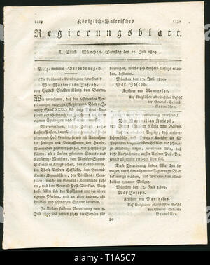 Germany, Bavaria, Munich, avec le journal historique Königlich-Baierisches Regierungsblatt "titl ' (Royal-Bavarian goverment journal), Munich, 22.7.1809, publié à Additional-Rights Clearance-Info-Not-Available Banque D'Images