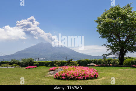 Belle Sakurajima Vulcan couverts par un paysage verdoyant. Prises à partir de la merveilleuse Sengan-en jardin. Situé à Kagoshima, Kyushu, au sud du Japon. Banque D'Images