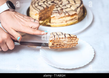 Ensemble esterhazy torte et une tranche de gâteau sur le couteau. Woman's hands hold. recette authentique, hongrois et autrichiens, dessert, vue de dessus, close-up Banque D'Images