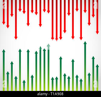 La fluctuation des flèches vertes et rouges pointant dans des directions opposées montrant des tendances opposées de la croissance à la hausse et à la baisse des pertes, vector illustration Banque D'Images