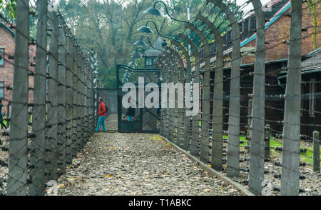 Oswiencim, Pologne - 21 septembre 2019 : les touristes allant trought clôture électrique avec du fil de fer barbelé au camp de concentration nazi d'Auschwitz à Oswiecim Banque D'Images