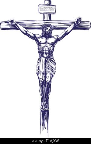 Jésus Christ, Fils de Dieu, crucifié sur une croix en bois, symbole du christianisme hand drawn vector illustration croquis Illustration de Vecteur