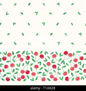 Dessiné à la main lunatique de cerise rouge et vert feuilles transparente vecteur frontière horizontale. Colorful Abstract les fruits d'été. Graphic Prin Illustration de Vecteur