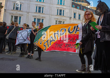 24 mars 2019 - righton, UK 24 mars 2019. Les manifestants défilent dans le centre de la ville de Brighton, la tenue d'une procession funéraire à la vie sur terre. L'événement était organisé par la direction de Brighton d'extinction de la rébellion, qui est un mouvement national de la lutte contre le changement climatique et la prise de conscience de l'extinction des espèces à partir de la montée de la température de la terre. Le groupe estime que le changement climatique est une urgence mondiale sans précédent qui doivent être abordées avant qu'il ne soit trop tard. Un cercueil pendant la procession comme un rappel des effets du changement climatique sur la wi Banque D'Images