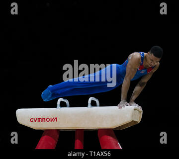 Joe Fraser (GO) en action lors de la Coupe du Monde de Gymnastique 2019 à Birmingham Arena de Genting. Banque D'Images