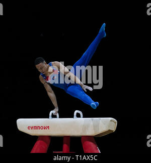 Joe Fraser (GO) en action lors de la Coupe du Monde de Gymnastique 2019 à Birmingham Arena de Genting. Banque D'Images