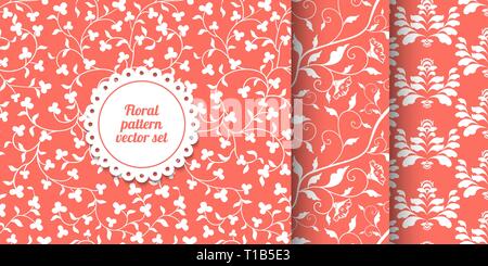 Une collection de motifs floraux rose corail. Corail vivant - Couleur de l'année 2019. Laves et fleurs blanc texture vecteur. Répéter damask Illustration de Vecteur