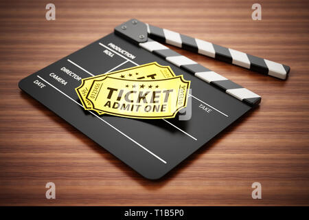 Billets de cinéma à clin et debout sur la surface en bois. 3D illustration. Banque D'Images