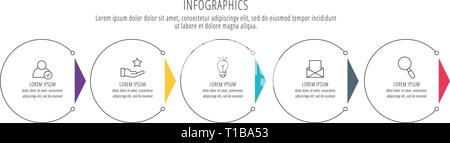 Illustration vecteur ligne moderne. Les cercles infographique modèle avec cinq éléments, les secteurs, les icônes. Conçu pour les entreprises, des présentations, web design Illustration de Vecteur