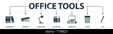 Office Tools set icons collection. Comprend des éléments simples tels que des documents, agrafeuse, lampe de table, Téléphone, ordinateur, Corbeille et premium stylo d'icônes. Banque D'Images