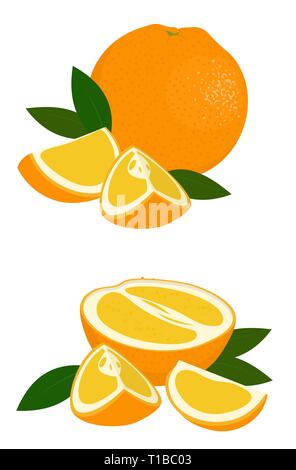 Ensemble, la moitié d'orange et de tranche d'orange avec des feuilles sur fond blanc. Les agrumes. Illustration de Raster oranges sur fond blanc. Banque D'Images