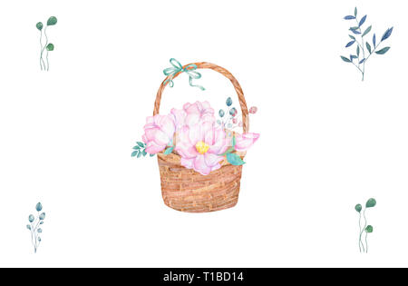 En bois aquarelle panier de fleurs à la main panier plaque illustration clip art sur fond blanc. Banque D'Images