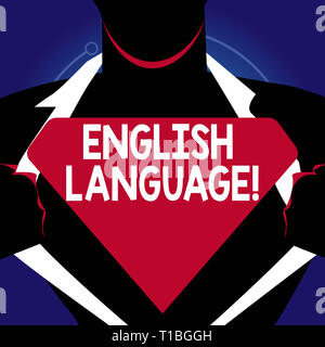 L'écriture note indiquant la langue anglaise. Concept d'affaires pour des tiers monde lang dans indigènes parlées après l'espagnol et chinois d'ouverture sa chemise pour homme revea Banque D'Images