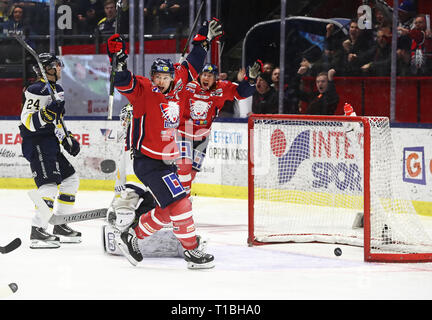 LINKÖPING 20180203 Jubel sous matchen i SHL mellan Linköpings HC-HV71 Saab j'arena. Foto Jeppe Gustafsson Banque D'Images