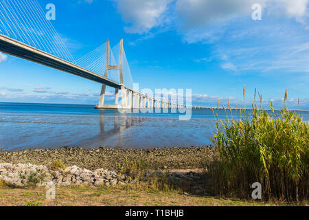 Pont Vasco de Gama se reflétant dans le Tage, Lisbonne, Portugal Banque D'Images