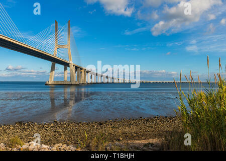 Pont Vasco de Gama se reflétant dans le Tage, Lisbonne, Portugal Banque D'Images