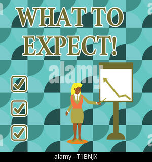Texte de l'écriture écrit à quoi s'attendre. Photo conceptuelle sur ce qui concerne quelque chose comme susceptible de se produire se produire Businesswoman Pointing Stick Banque D'Images