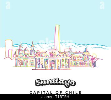 Santiago Chili architecture colorée line art, dessin vectoriel. Illustration de Vecteur