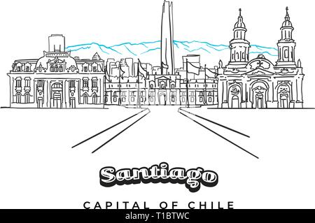 Santiago Chili panorama paysage avec montagnes. Les contours du dessin. Illustration de Vecteur