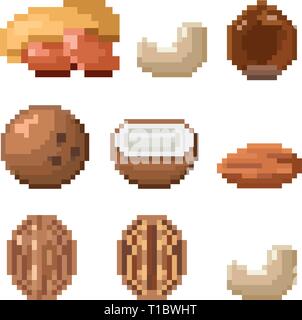 Collection d'écrous de pixel y compris arachides, noix de cajou, noisettes, noix de coco, l'amande, la noix isolé sur fond blanc. Alimentation saine. 8 icônes de style ancien bit Illustration de Vecteur