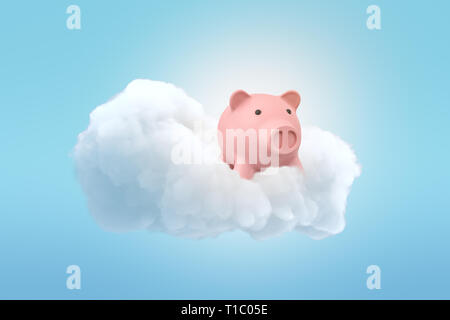 Le rendu 3D d'un cute pink piggy bank on a fluffy nuage blanc dans le ciel bleu. Banque D'Images