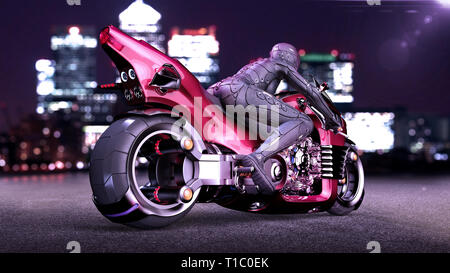 Fille de motards avec casque équitation un vélo sci-fi, femme rouge sur moto futuriste dans la rue de la ville de nuit, vue arrière, 3D Rendering Banque D'Images
