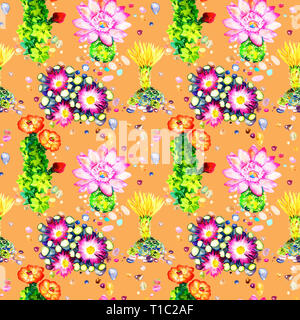 Cactus avec des fleurs roses et jaunes, des pierres de couleur transparente, dessin, illustration, aquarelle peinte à la main sur fond orange lumineux Banque D'Images