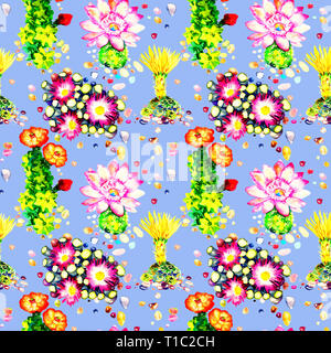 Cactus avec des fleurs roses et jaunes, des pierres de couleur transparente, dessin, illustration, aquarelle peinte à la main sur fond bleu lumineux Banque D'Images