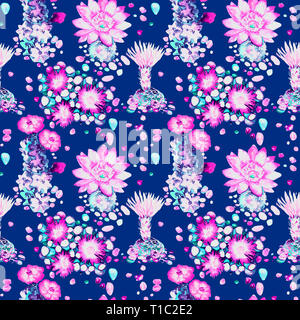 Cactus avec des fleurs roses, plantes grasses, pierres, direct pattern design, illustration aquarelle peinte à la main, fond bleu foncé Banque D'Images